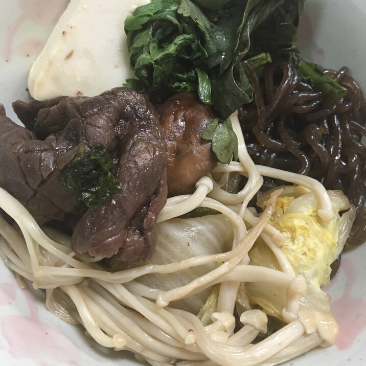 牛肉と菊菜と糸こんにゃくのすき焼き風煮(^ ^)